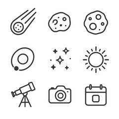 Fototapeta premium Space Icon Set. Outline icon set of comets and asteroids: comet tail, nucleus, asteroid rock, orbital path, star field, sun
