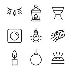 Surprise Lighting Icons. Outline icon set of surprise lighting and ambiance: fairy lights, lantern, uplight, dimmer switch, string