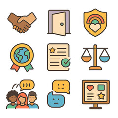 Inclusive Workplace Icons. Flat icon set of inclusive workplace culture: diversity handshake, open space