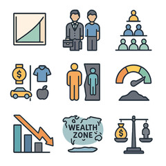 Income Inequality Icons. Flat icon set of income inequality indicators: Gini coefficient chart, rich vs poor