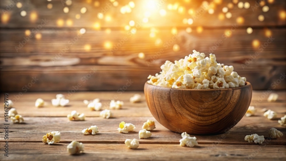 Poster A rustic wooden bowl overflowing with freshly popped popcorn sits on a wooden table, illuminated by a warm, bokeh-style background light, creating a cozy and inviting atmosphere.