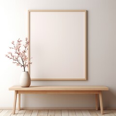 White framed poster in mockup style hanging from the wall