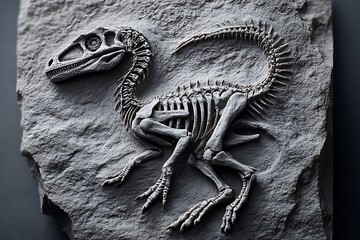 Naklejka premium A detailed velociraptor fossil embedded in rock, capturing the ancient and mysterious life of this iconic prehistoric predator