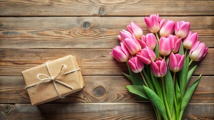 A rustic wooden surface displays a thoughtfully wrapped gift and a vibrant bouquet of pink tulips, a charming composition perfect for expressing affection or celebrating a special occasion