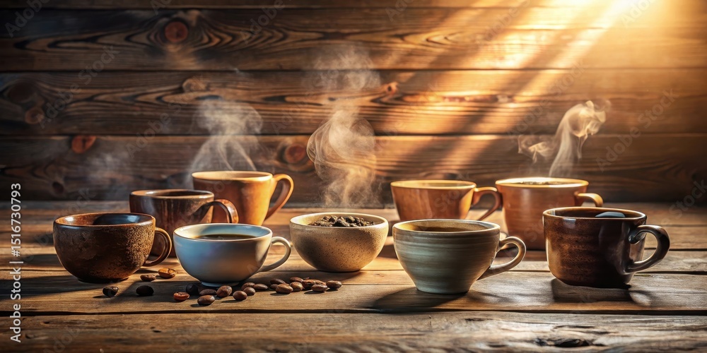 Aufkleber Aromatic Steam Rising from Several Cups of Coffee on Rustic Wooden Table
