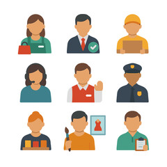 Retail Staff Icons. Flat icon set of retail staff roles: sales associate, floor manager, stock clerk, customer