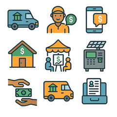 Rural Banking Icon Set. Flat icon set of rural and underserved banking: mobile banking van, agent banker, SMS