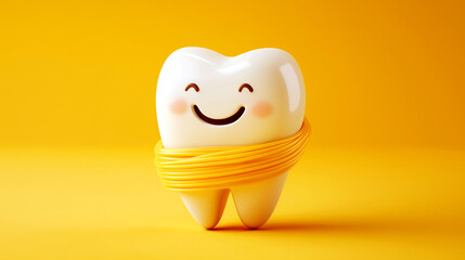 Happy anthropomorphic floss character wrapping around a tooth on a bright yellow background