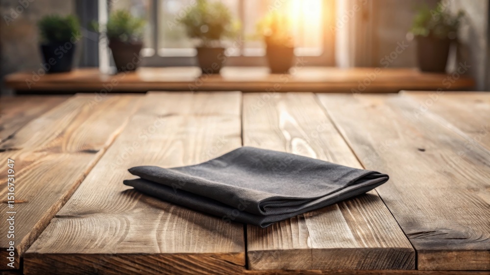 Aufkleber rustic wooden table with folded dark fabric napkin, ready for a meal or presentation