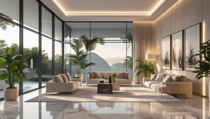 Fototapeta premium A modern living room with large windows and neutral tones overlooking a scenic mountain view outside