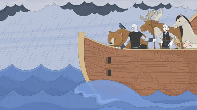 Noah ark sailing through storm with animals 2D cartoon animation. Bible story. Old testament. Deluge myth. Biblical flood rainfall animated flat bible characters 4K video background scene storytelling