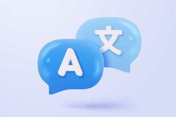 Fototapeta premium 3D language translate realistic icon signs, dictionary and chat translator. speak bubble symbol language concepts. 3d speech studying icon vector illustration