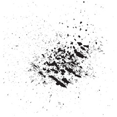 Isolated ink spray with high contrast droplets scattered asymmetrically, forming dynamic composition suitable for print design, posters, digital artwork, grunge elements and creative backgrounds.