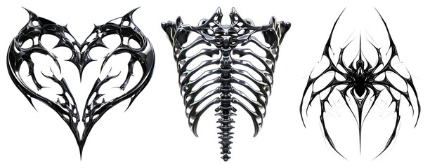 PNG Three intricate black tribal designs, heart, ribs, and abstract element set on transparent background.