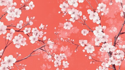 Fototapeta premium Coral background with delicate white cherry blossoms and branches.