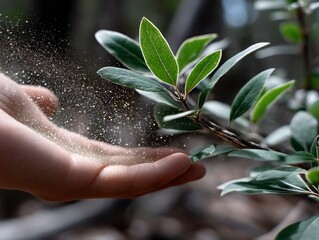 Hand releasing pollen onto a vibrant green leaf