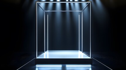 Empty glass display case illuminated by spotlights.