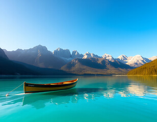 Obraz premium Boat on a Turquoise Lake with Mountain View