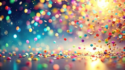 A vibrant celebration captured in a burst of multicolored confetti, creating a joyful and festive atmosphere with bright, sparkling lights adding to the celebratory mood.