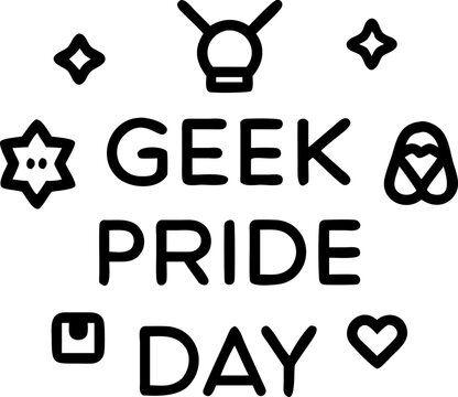 Geek Pride Day - themed Vector Design. Features the text "GEEK PRIDE DAY" surrounded by playful icons like stars and a light bulb, celebrating geek culture. Editable lines. Vector illustrations.