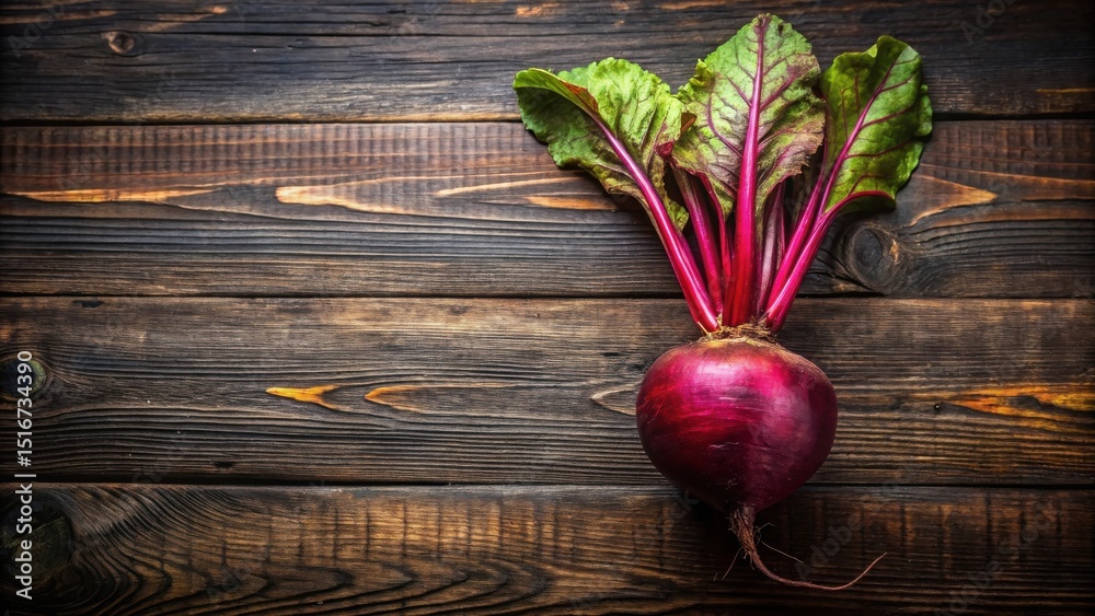 Poster a vibrant beetroot resting on a rustic wooden surface, showcasing its rich color and freshness