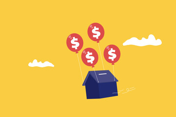Balloon lifting home up with dollar sign and floating in the air. concept of rising prices, economy, finances and inflation