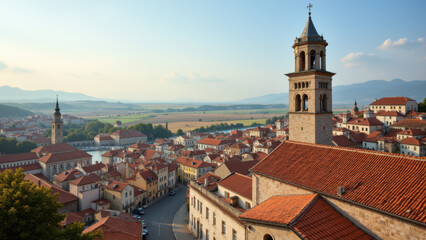 Obraz premium A serene village scene featuring a church with a bell tower overlooking rooftops and lush green hills beyond.