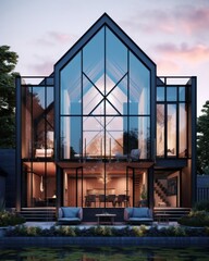 A contemporary-style house with large glass windows and a striking roof design.