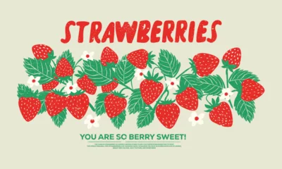 Vitrage gordijnen Sweet and juicy strawberry t shirt artwork. Feeling berry mood. Fresh strawberry fruit print. You are so berry sweet. Berry garden art. Eat more strawberry. Sweet berry fruit club print design. © riaz