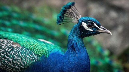 Obraz premium Male peacock displaying vibrant feathers, vivid colors and intricate patterns, detailed bird portrait outdoors