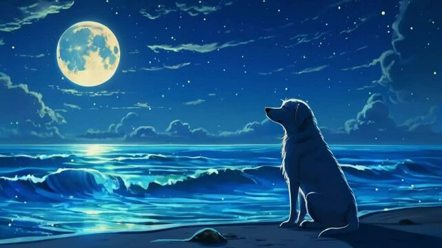 Dog sitting on beach looking at full moon over ocean waves under starry night sky illustration art scene