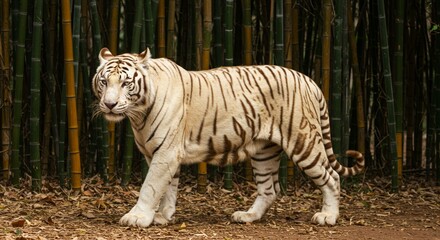 White tiger walking in front of bamboo forest with leaves on the ground in a natural habitat