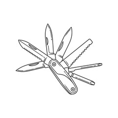 Multi-tool with various blades displayed in a flat design style  