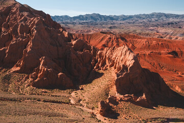Rocks in the Red Desert Boguty, mountains in Almaty region, Kazakhstan