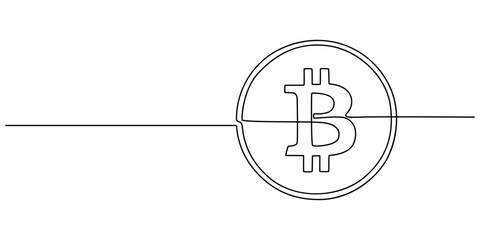 Continuous line drawing of bitcoin cryptocurrency silhouette. Blockchain, finance and banking technology concept drawn by one line, Bitcoin coin, cryptocurrency one line art, money, finance, financial