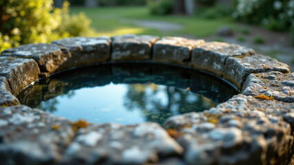A serene Christian garden setting with a stone fountain reflecting a cross.