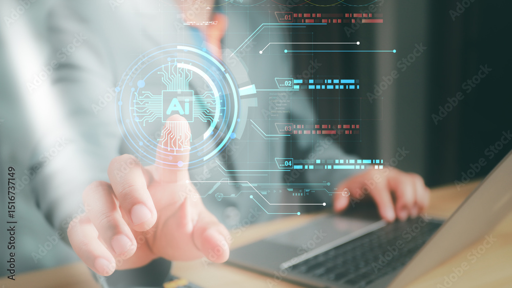 Poster ai innovation interface with user touching virtual light bulb icon, symbolizing artificial intellige