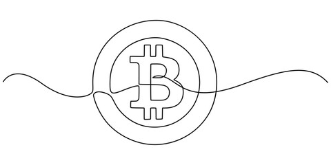 Continuous line drawing of bitcoin cryptocurrency silhouette. Blockchain, finance and banking technology concept drawn by one line, Bitcoin coin, cryptocurrency one line art, money, finance, financial