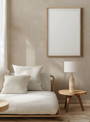Framed white posters with empty space is hanging in staged living room