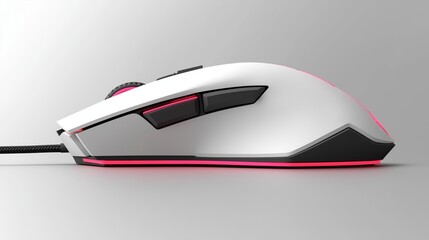Gaming mouse glowing with red LED lighting image closeup. Computer accessory with comfortable ergonomic design close-up photography. Data input tool concept photo realistic