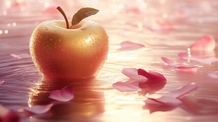 Wet golden apple and pink petals in water banner image. Expensive spa service for customers photo-realistic background blurred. Gold fruit with flowers concept photography copy space