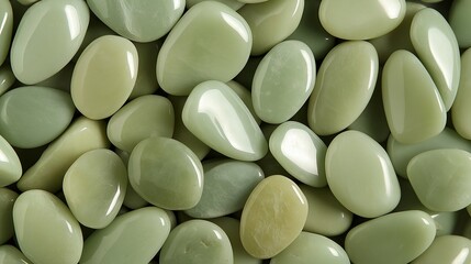 Shiny polished jadeite gemstones top view image closeup. Light green natural mineral pebbles collection close-up photography. Astrological healing stones concept photo realistic