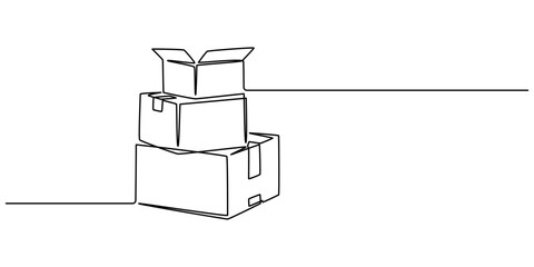 Cardboard box continuous one line drawing. Online shopping, fast delivery concept in simple linear style. Vector illustration, cardboard boxes continuous one line drawing. Single line art illustration