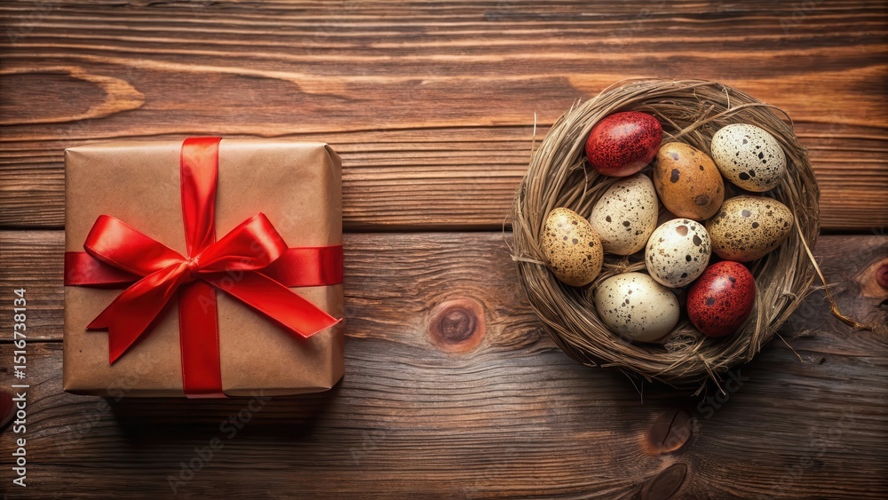 Poster a thoughtfully wrapped gift beside a bird's nest filled with speckled eggs rests on a rustic wooden 