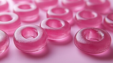 Clear pink gummy rings image render 3d. Handmade gelatin dessert. Eating healthy chewy candies on pastel background realistic graphic. Conceptual idea, visual storytelling