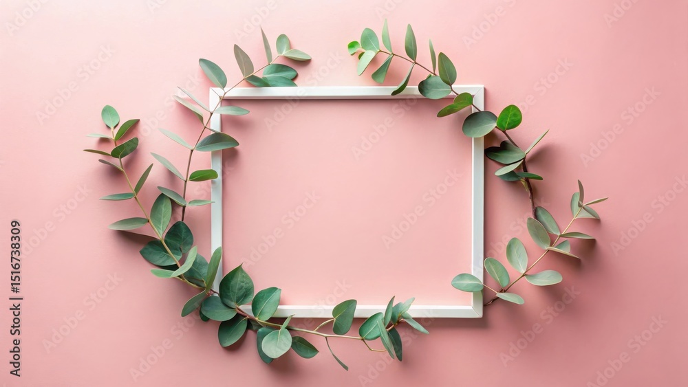 Poster a simple white frame elegantly adorned with delicate eucalyptus sprigs, creating a serene and minima