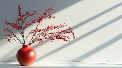 Branches with red berries in ceramic vase banner image. Autumn still life with twigs bouquet photo-realistic background white. Interior design concept photography copy space