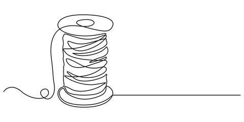 Continuous one line drawing of textile spool of thread. Spool of thread single line art vector illustration. Editable vector, Continuous one line drawing of sewing needle and thread spool, minimalist 