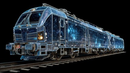 A digital model of a train rendered with geometric precision glows subtly, its wireframe structure resembling constellations in a starry sky.
