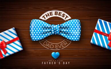 Happy Father's Day Greeting Card Design with Gift Box, Blue Heart, Blue Dotted Bow Tie and Typography Lettering on Vintage Wood Background. Vector Celebration Illustration for Loved and Best Dad